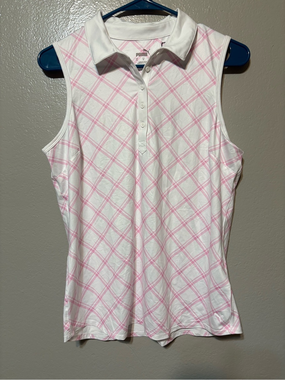 NWT Cloud Spun Puma White Sleeveless Polo Top with Pink Plaid Size M